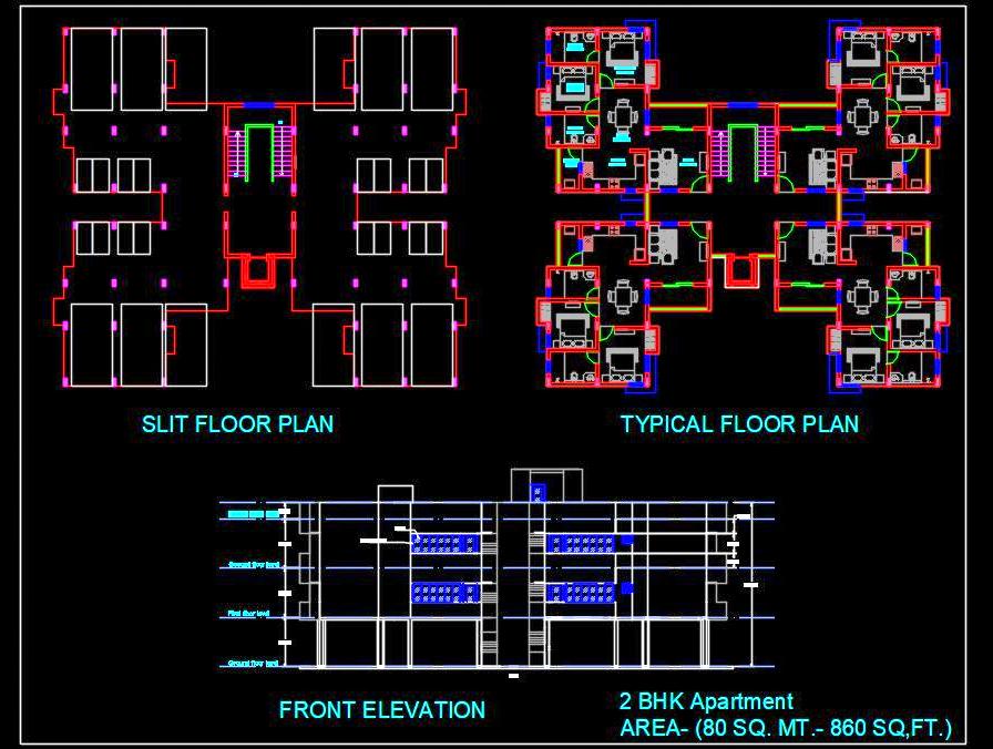 G+2 Residential Tower DWG with 2-Bedroom Apartments Layout